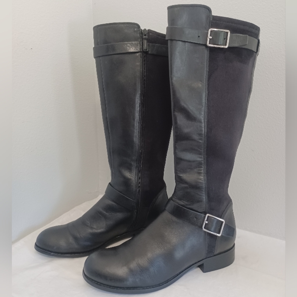 Cole Haan Tall boots black leather suede stretch buckle adjustable size 8.5
